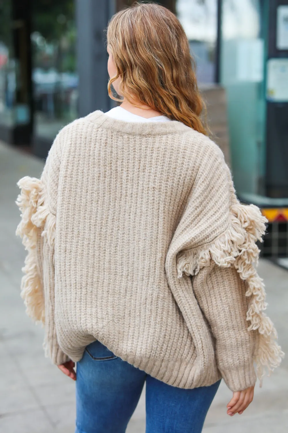 Oatmeal V Neck Fringe Chunky Cable Cardigan