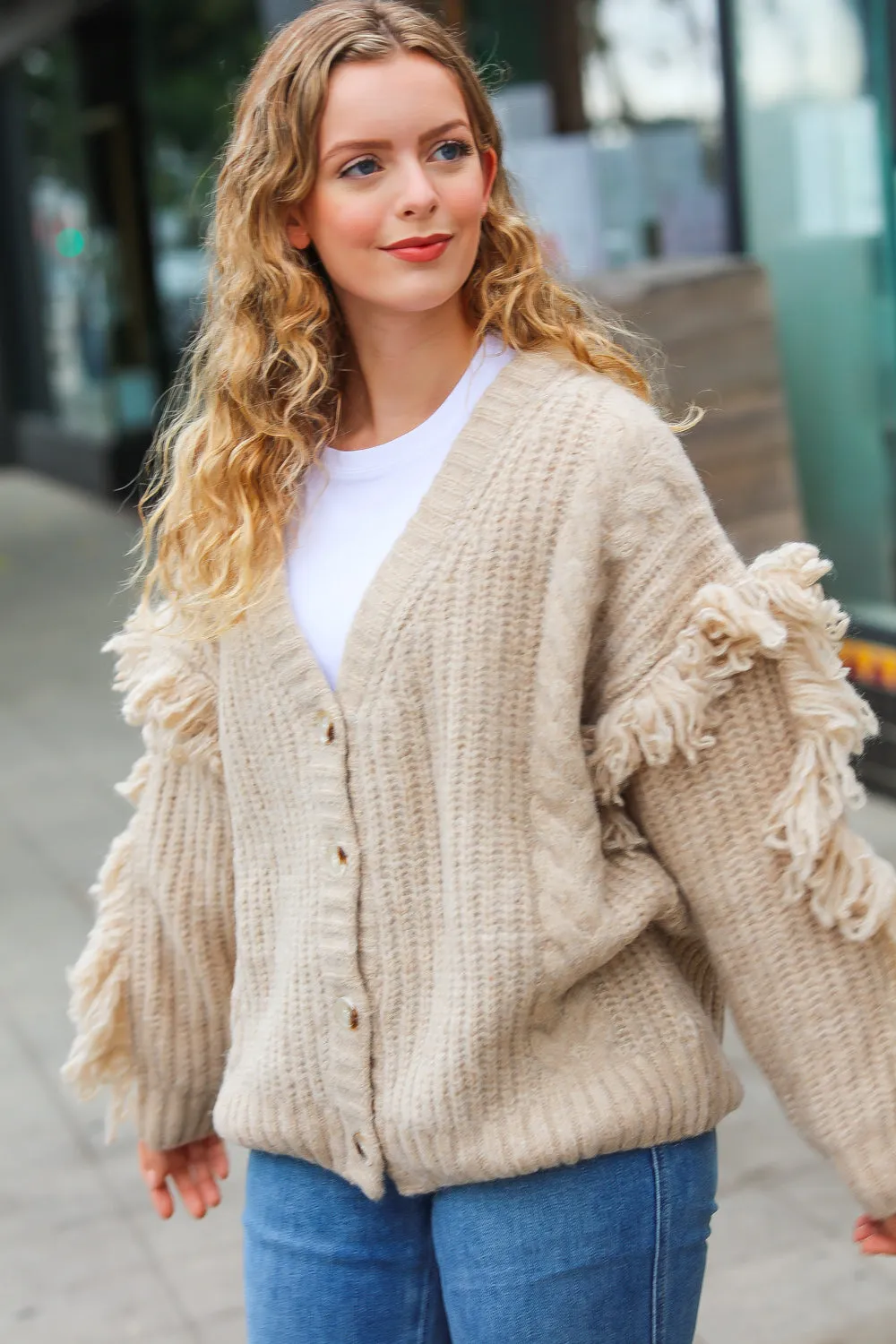 Oatmeal V Neck Fringe Chunky Cable Cardigan