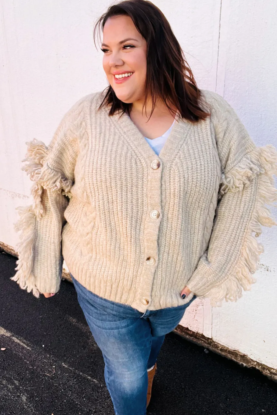 Oatmeal V Neck Fringe Chunky Cable Cardigan