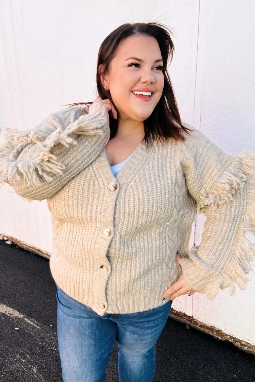 Oatmeal V Neck Fringe Chunky Cable Cardigan