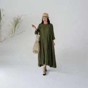 Olive Green Raw Natural Crinkled Cotton Dress