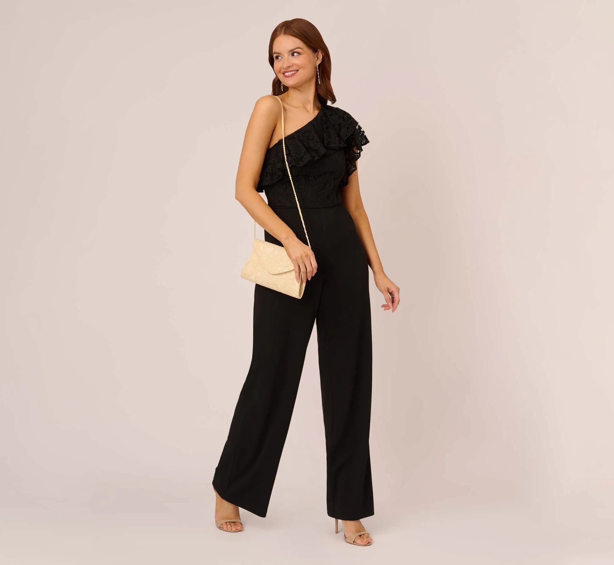 One Shoulder Crepe Jumpsuit With Lace Ruffle Details In Black