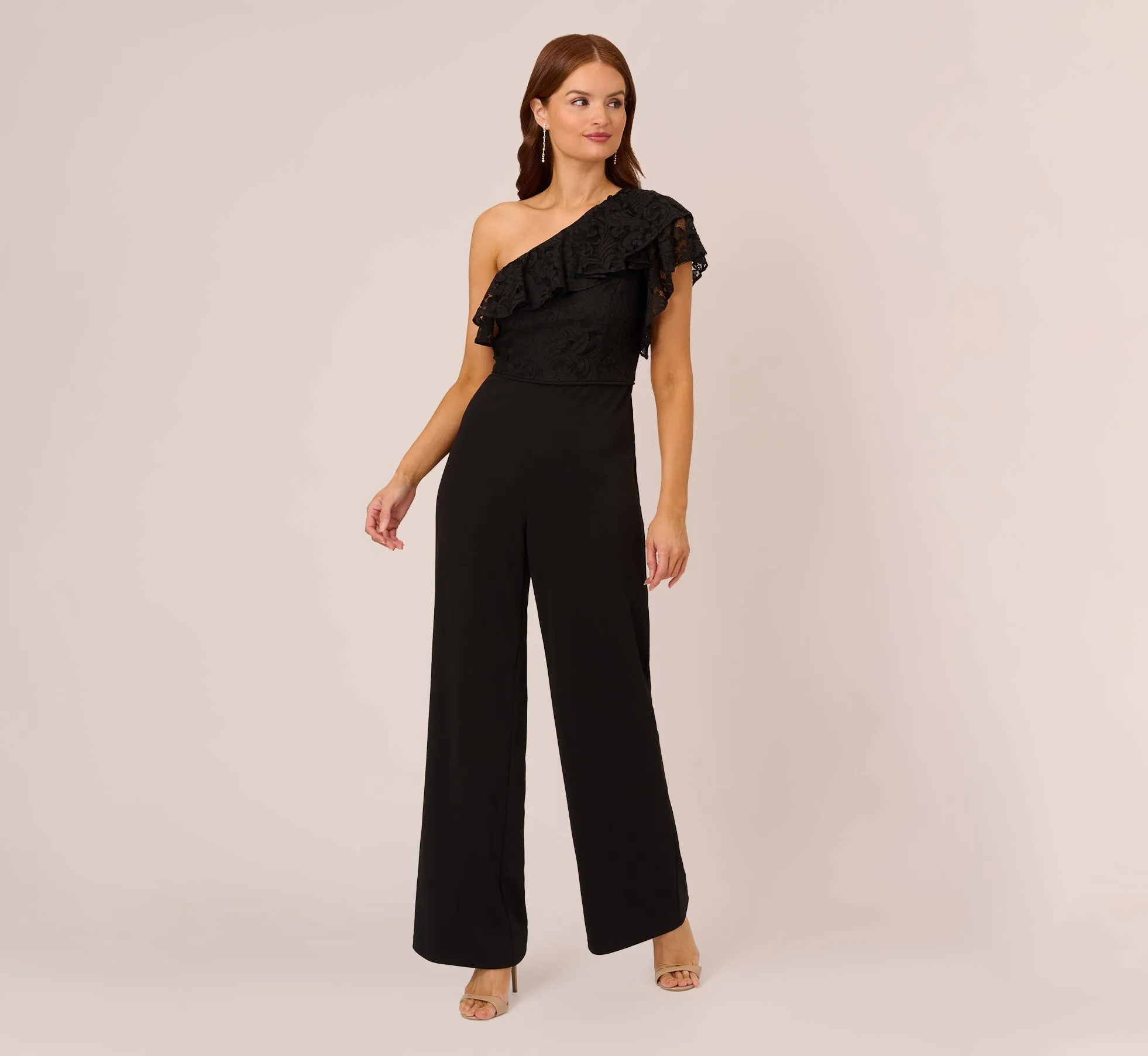 One Shoulder Crepe Jumpsuit With Lace Ruffle Details In Black