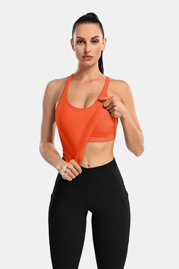 Orange Scoop Neck Racerback Waist Length Ribbed Workout Crop Tops Tank Top