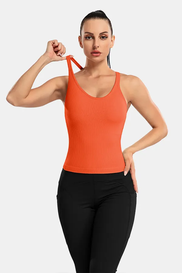 Orange Scoop Neck Racerback Waist Length Ribbed Workout Crop Tops Tank Top