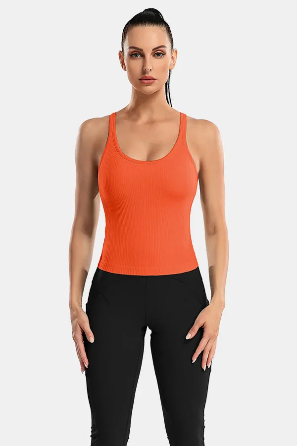 Orange Scoop Neck Racerback Waist Length Ribbed Workout Crop Tops Tank Top