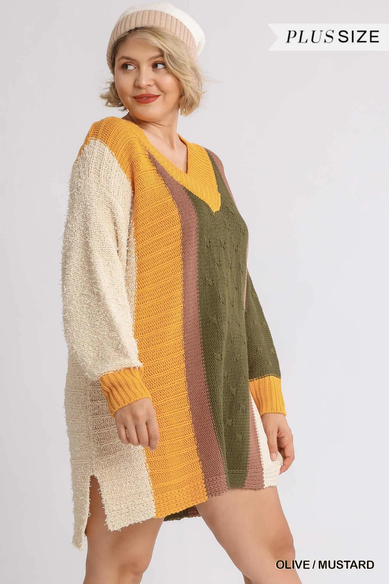 Oversized Multicolor Bouclé V-neck Pullover Sweater Dress With Side Slit