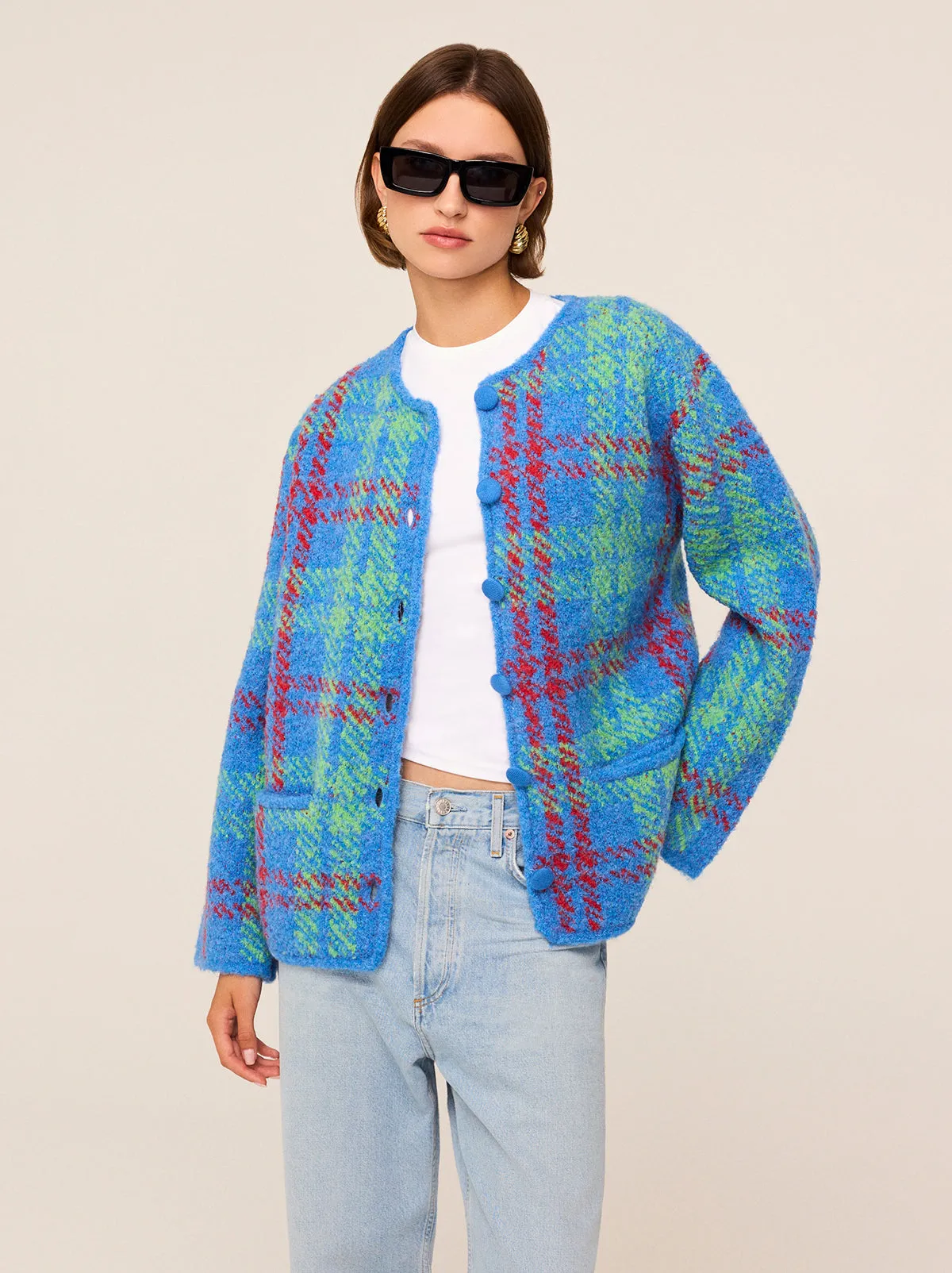 Pandora Blue Check Bouclé Knit Cardigan