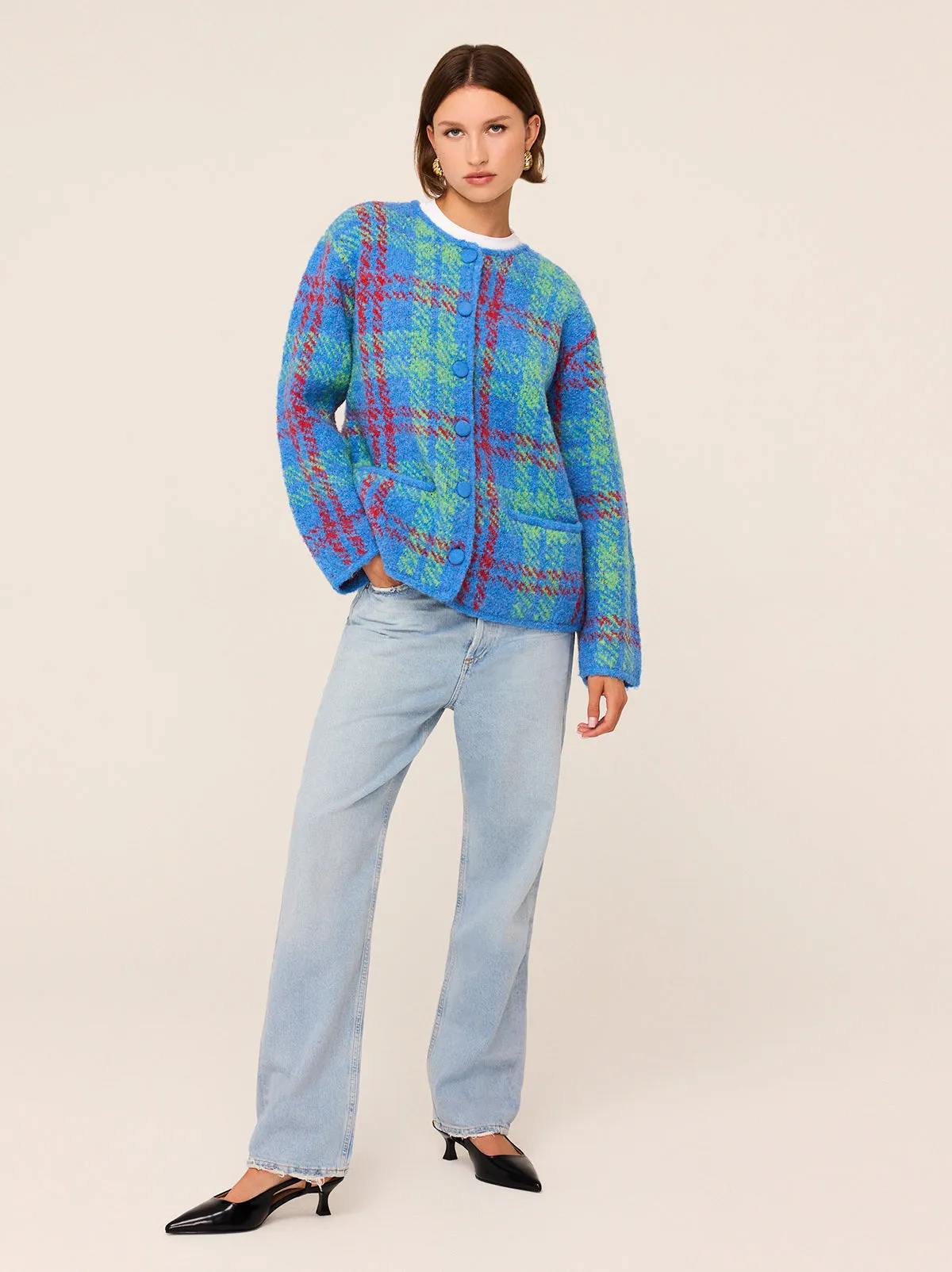 Pandora Blue Check Bouclé Knit Cardigan