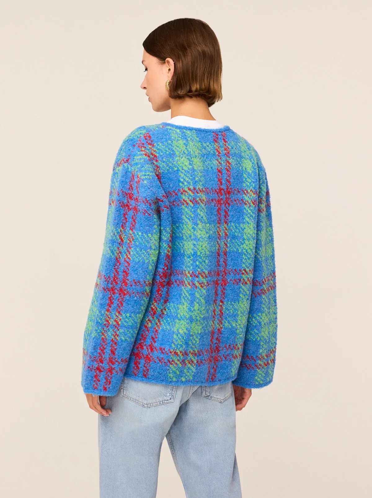 Pandora Blue Check Bouclé Knit Cardigan