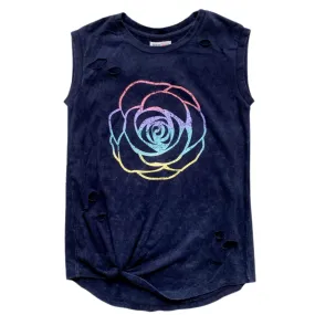 Paper Flower Distressed Side Tie Rose Print Tank