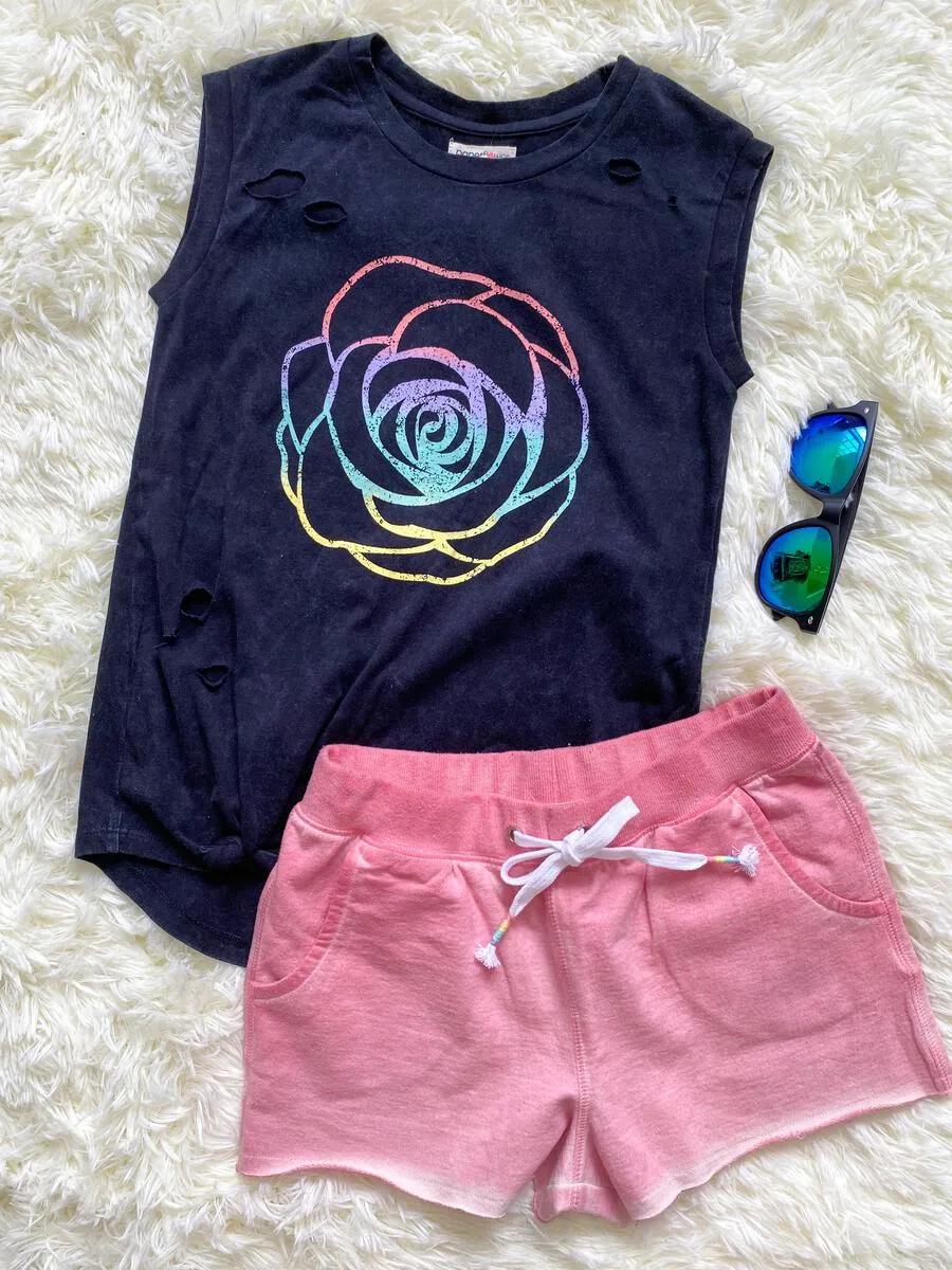 Paper Flower Distressed Side Tie Rose Print Tank