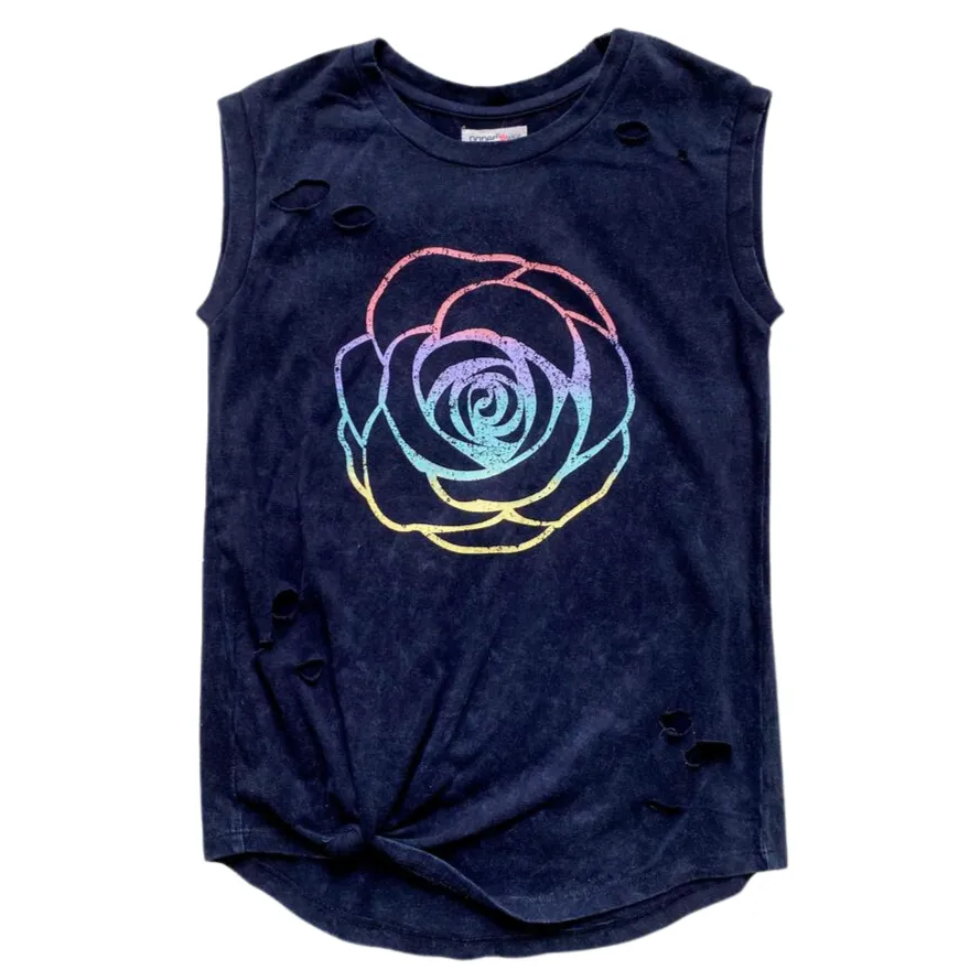 Paper Flower Distressed Side Tie Rose Print Tank