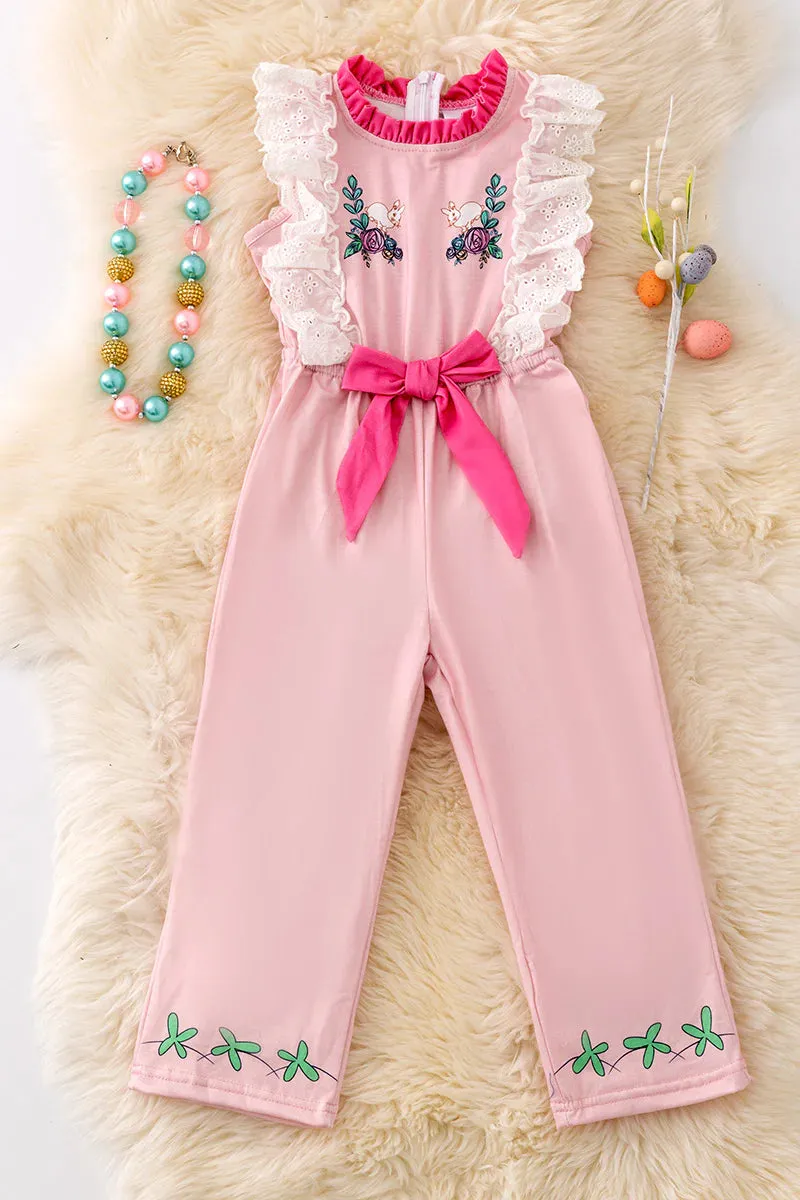 PINK EASTER BUNNY JUMPSUIT WITH EMBROIDERED SLEEVE.