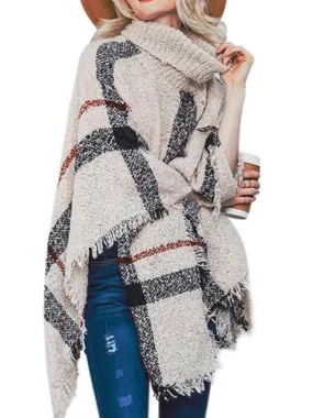 Plaid Turtleneck Tassels Knit Poncho Shawl