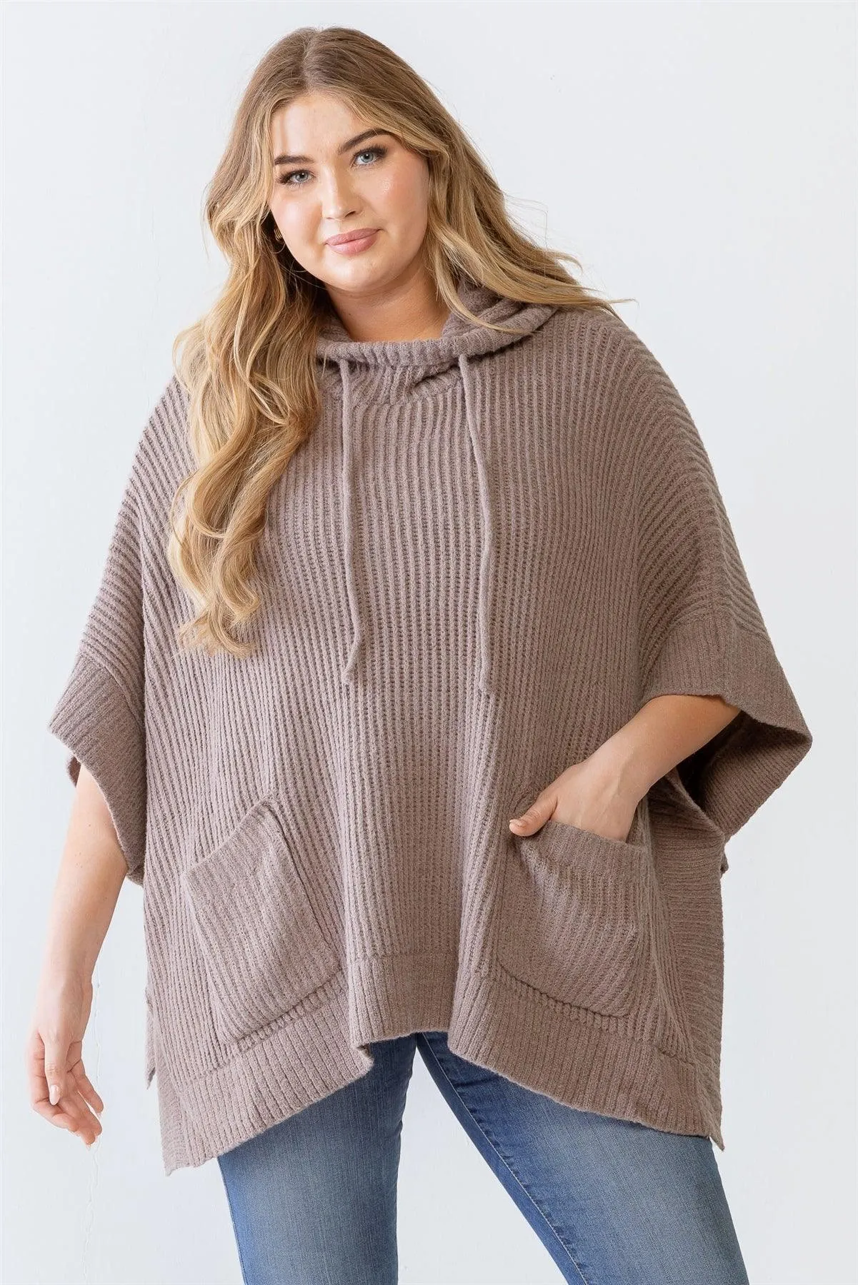 Plus Size Mocha Knit Two Pocket Hooded Poncho /3-2-1