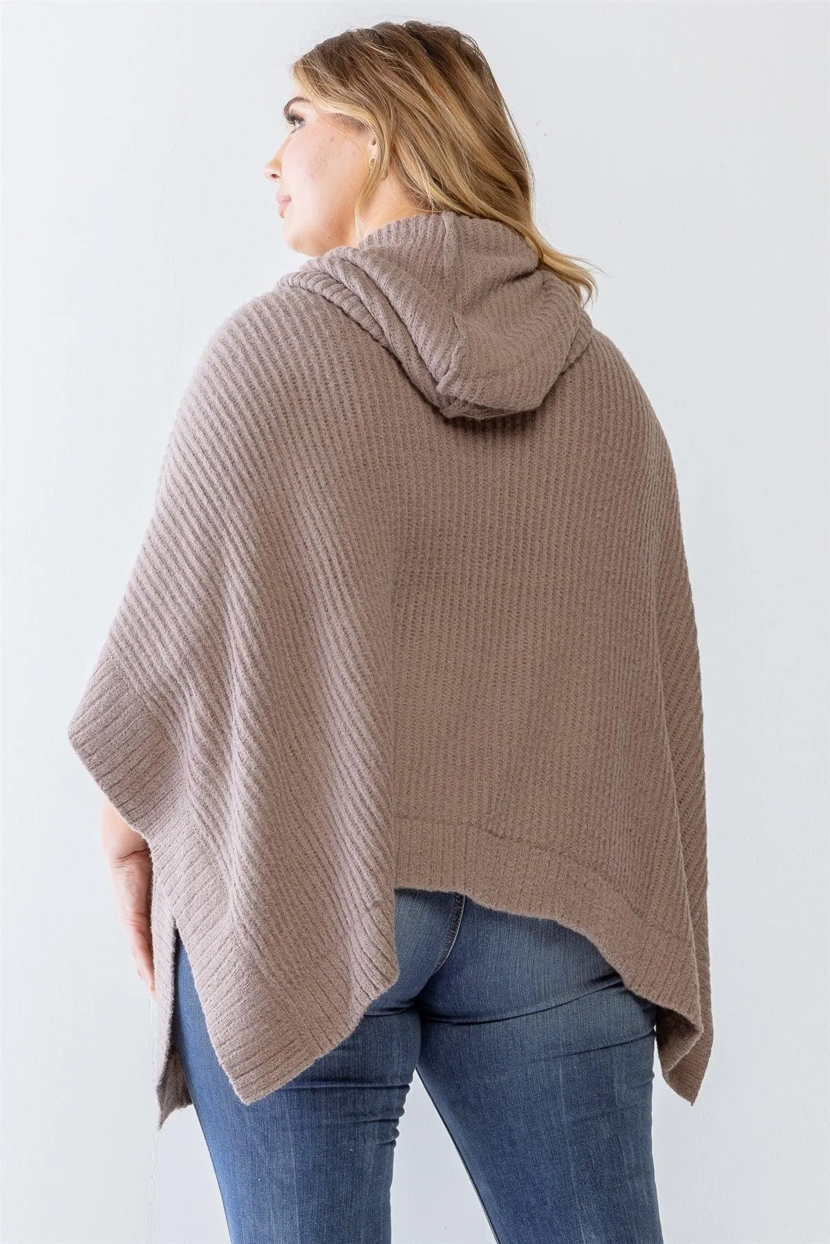 Plus Size Mocha Knit Two Pocket Hooded Poncho /3-2-1