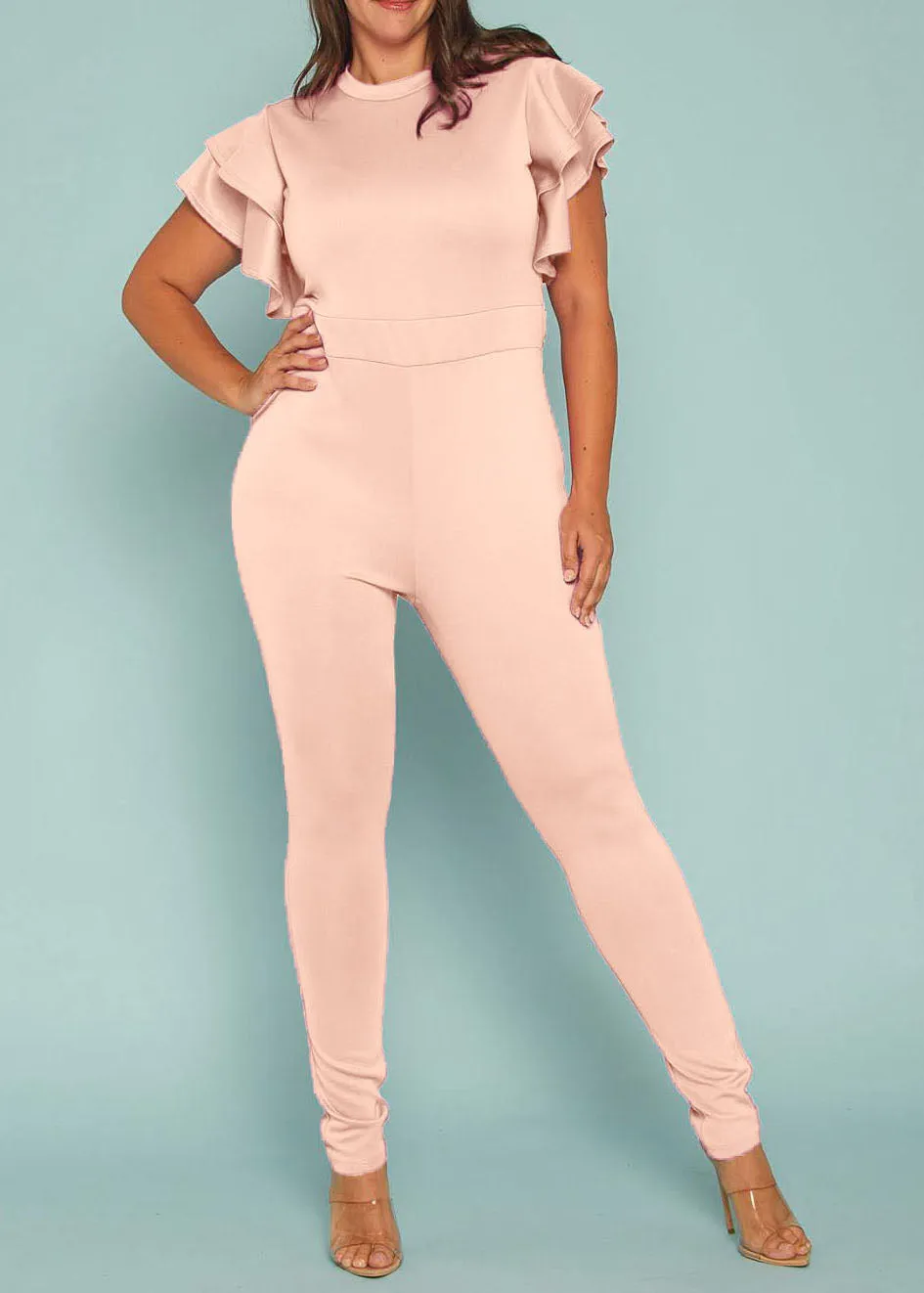 Plus Size Mock Neck Ruffled Short Sleeves Banded Waist Zipper Closure Back Jumpsuit