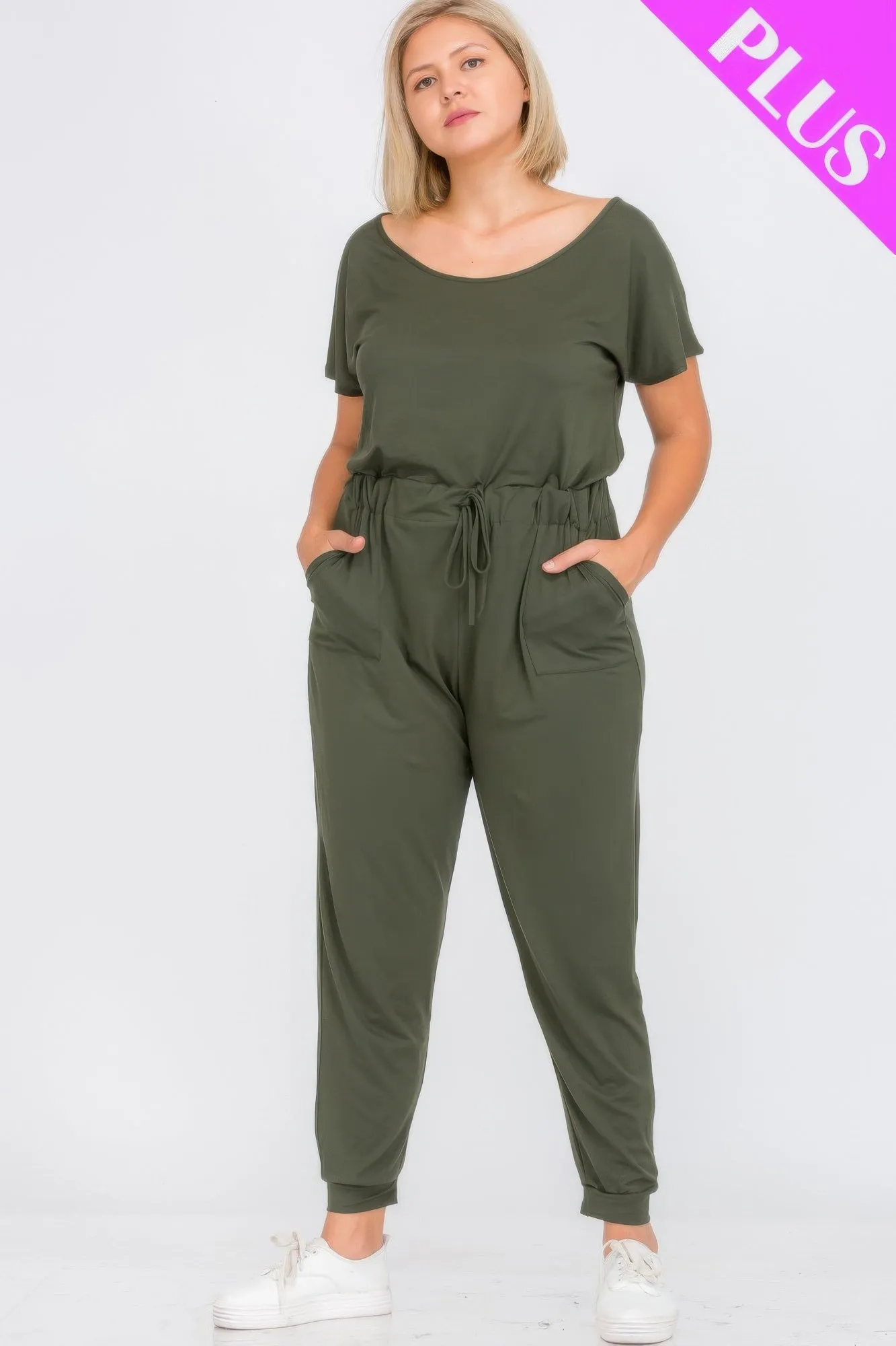 Plus Size Solid Drawstring Short Sleeve Jumpsuit