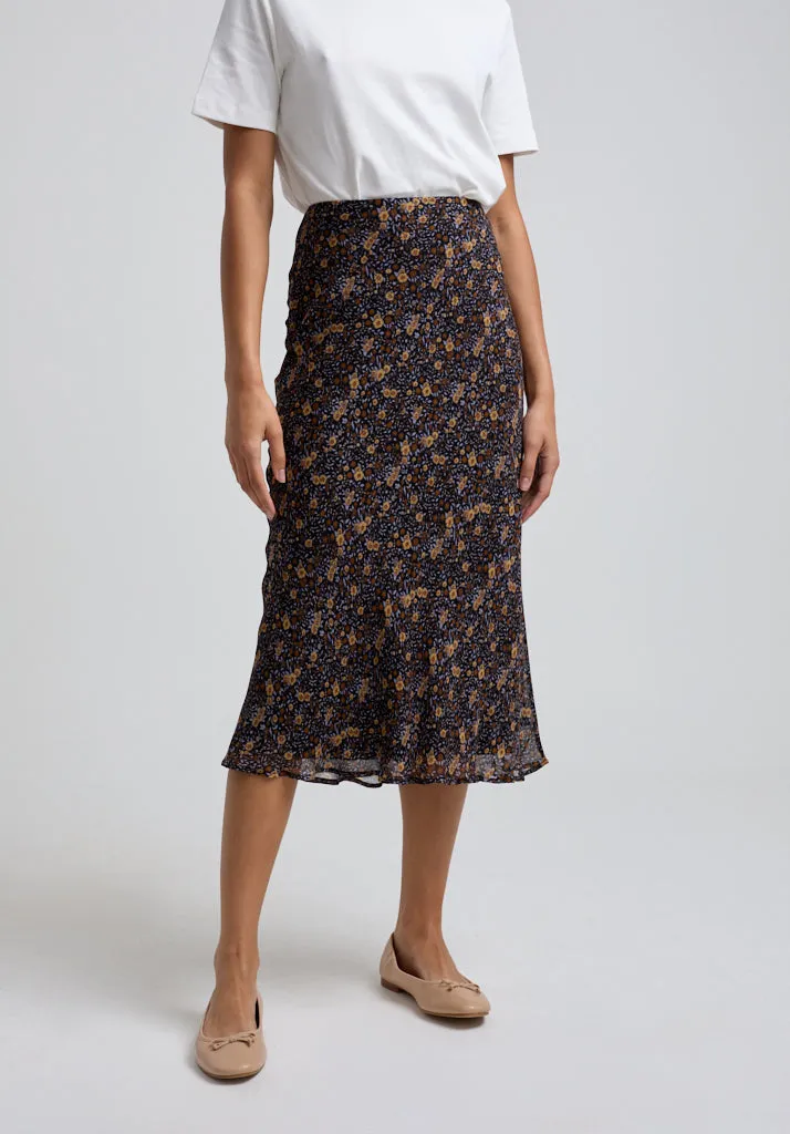 Poppy Bias Cut Aster Print Midi Skirt In Brown