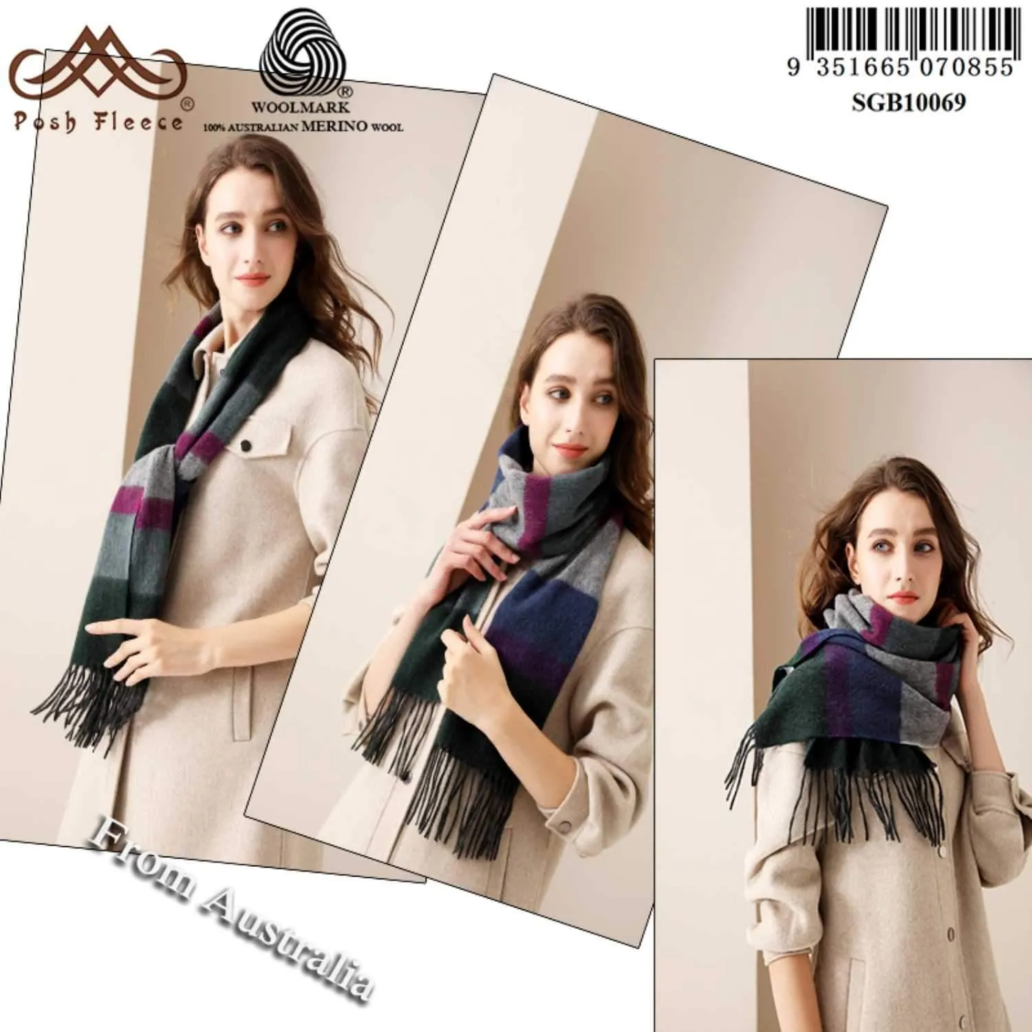 POSH FLEECE Pure Wool Luxurious Scarf with Fringed Trim SGB10069