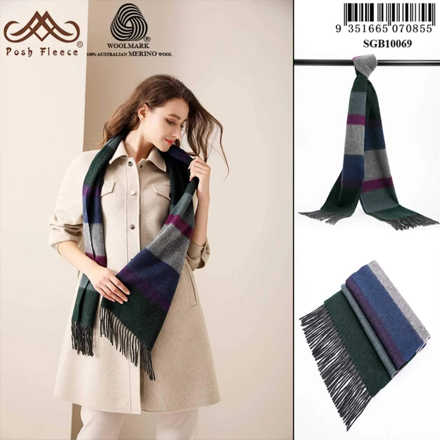 POSH FLEECE Pure Wool Luxurious Scarf with Fringed Trim SGB10069