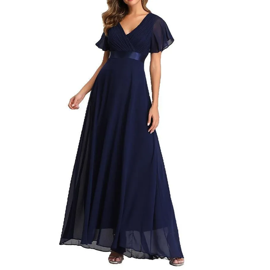 Premium chiffon flare short sleeves maxi dress | High waist large swing flare dress evening gowns