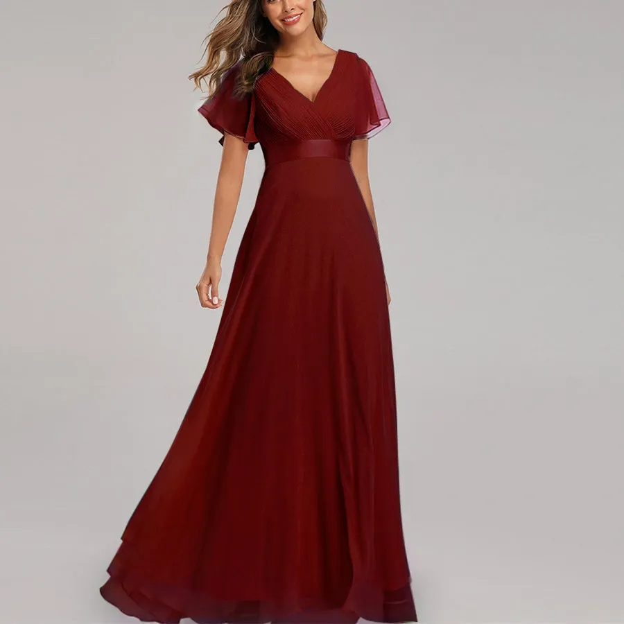 Premium chiffon flare short sleeves maxi dress | High waist large swing flare dress evening gowns