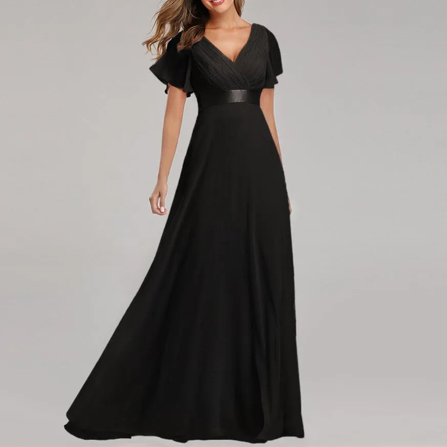 Premium chiffon flare short sleeves maxi dress | High waist large swing flare dress evening gowns