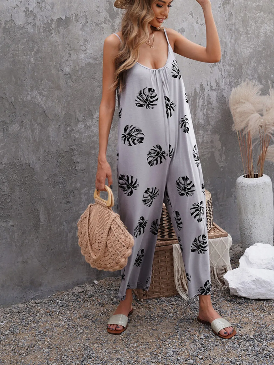 Printed Spaghetti Strap Jumpsuit with Pockets