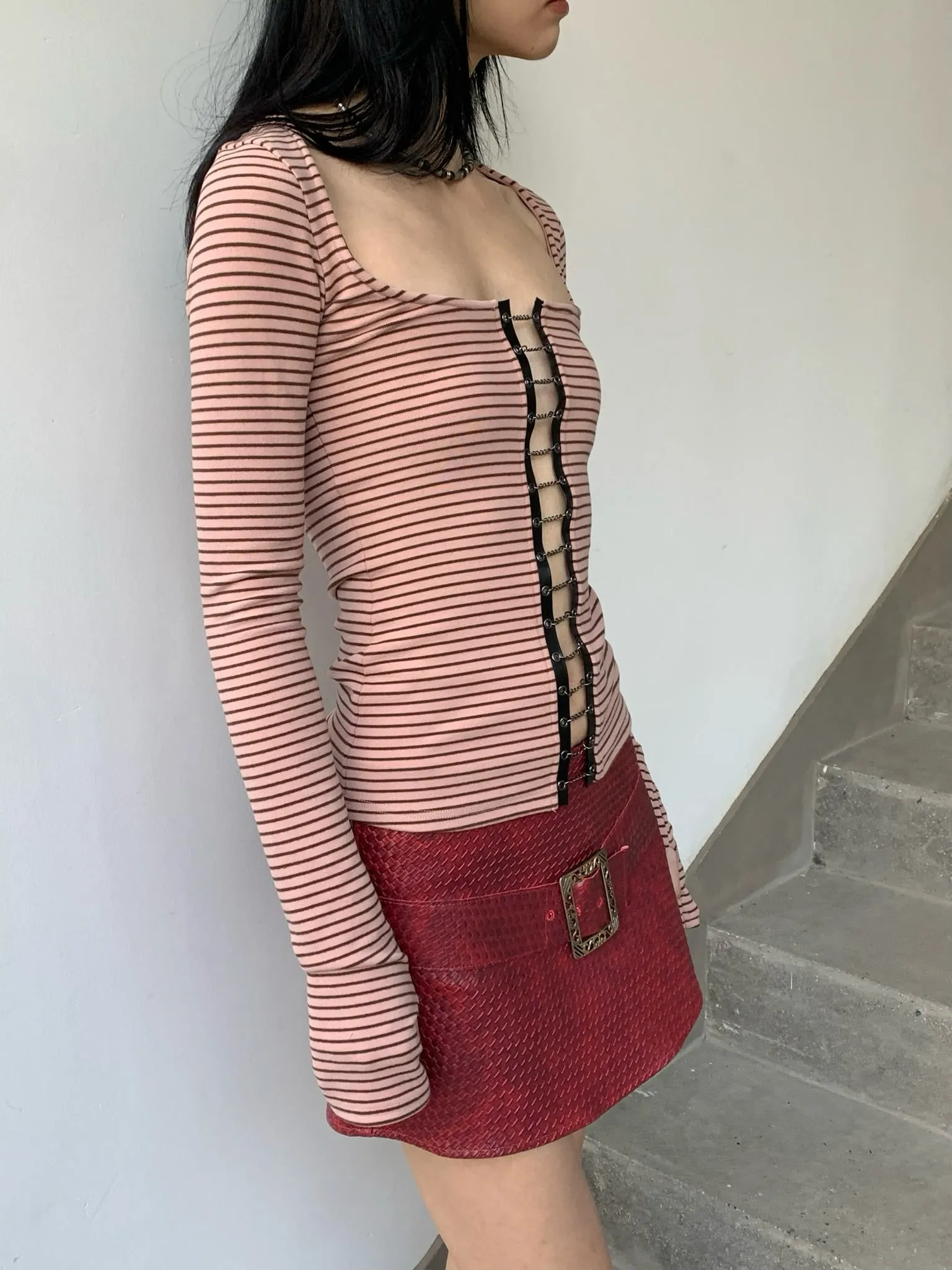 Punk pink and brown striped retro big neckline long sleeve top