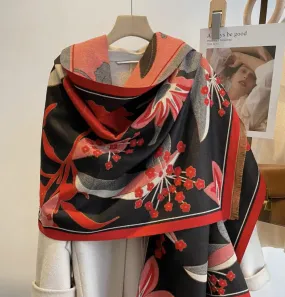 Red & Black Garden Reversible Artisan Shawl