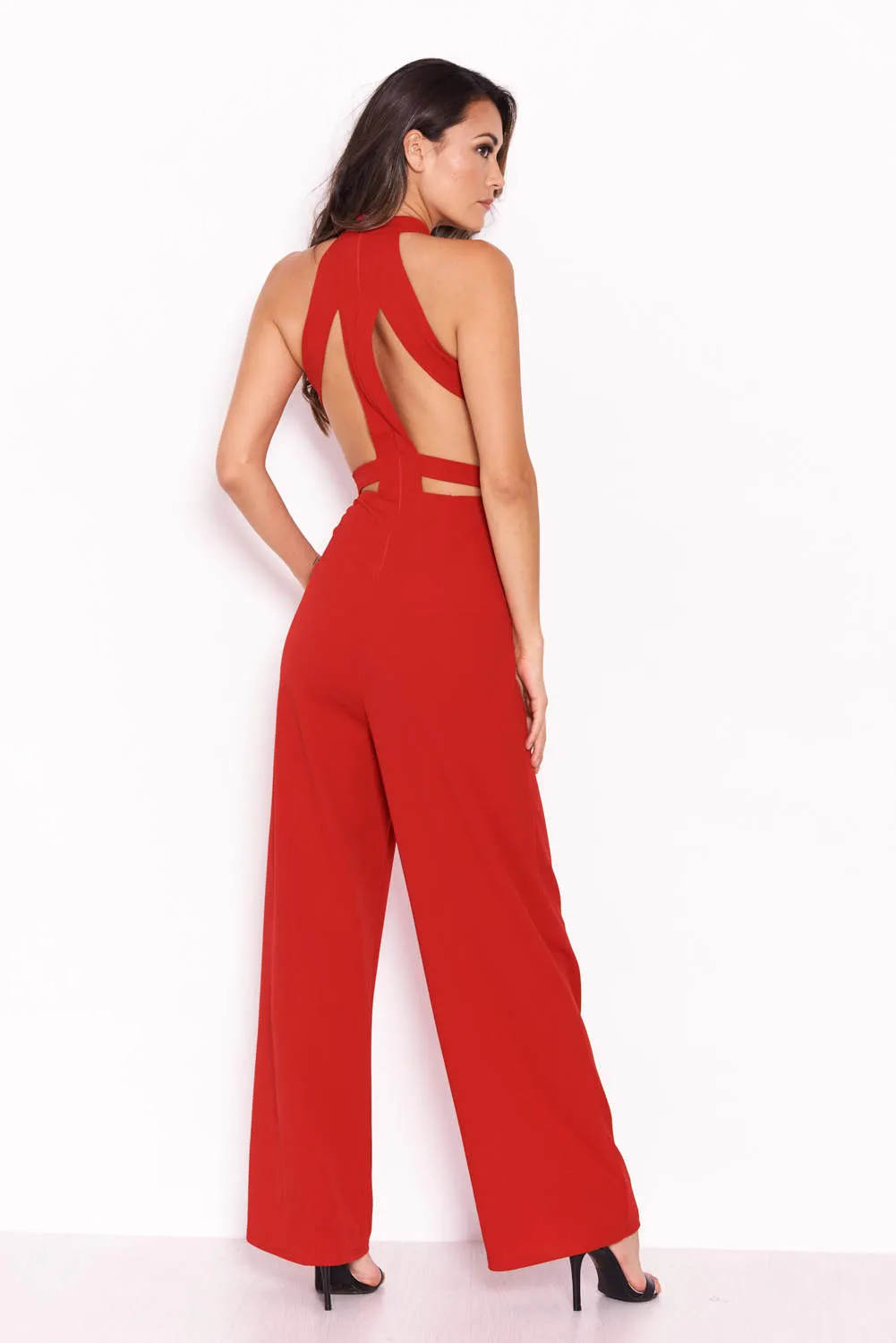 Red Sheer Paneled Jumpsuit With Cut Out Detailing