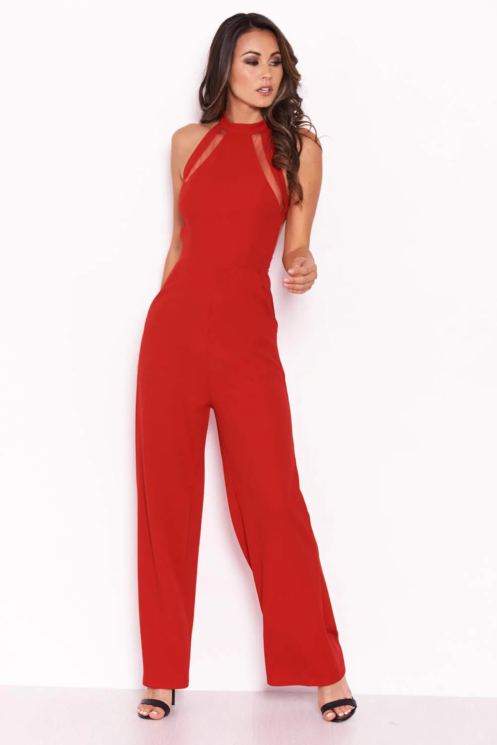 Red Sheer Paneled Jumpsuit With Cut Out Detailing