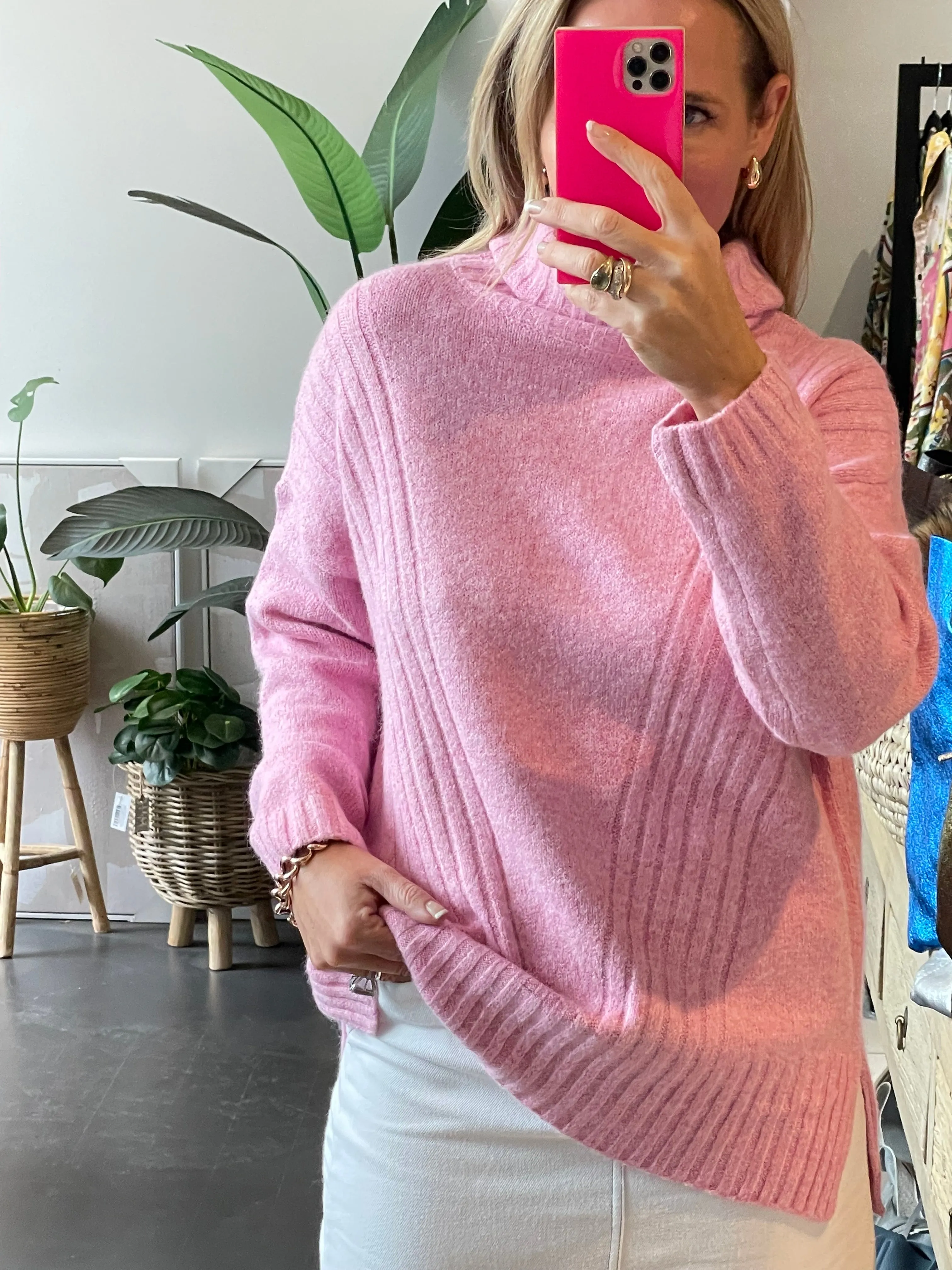 Roll Neck Relaxed Knit- candy pink