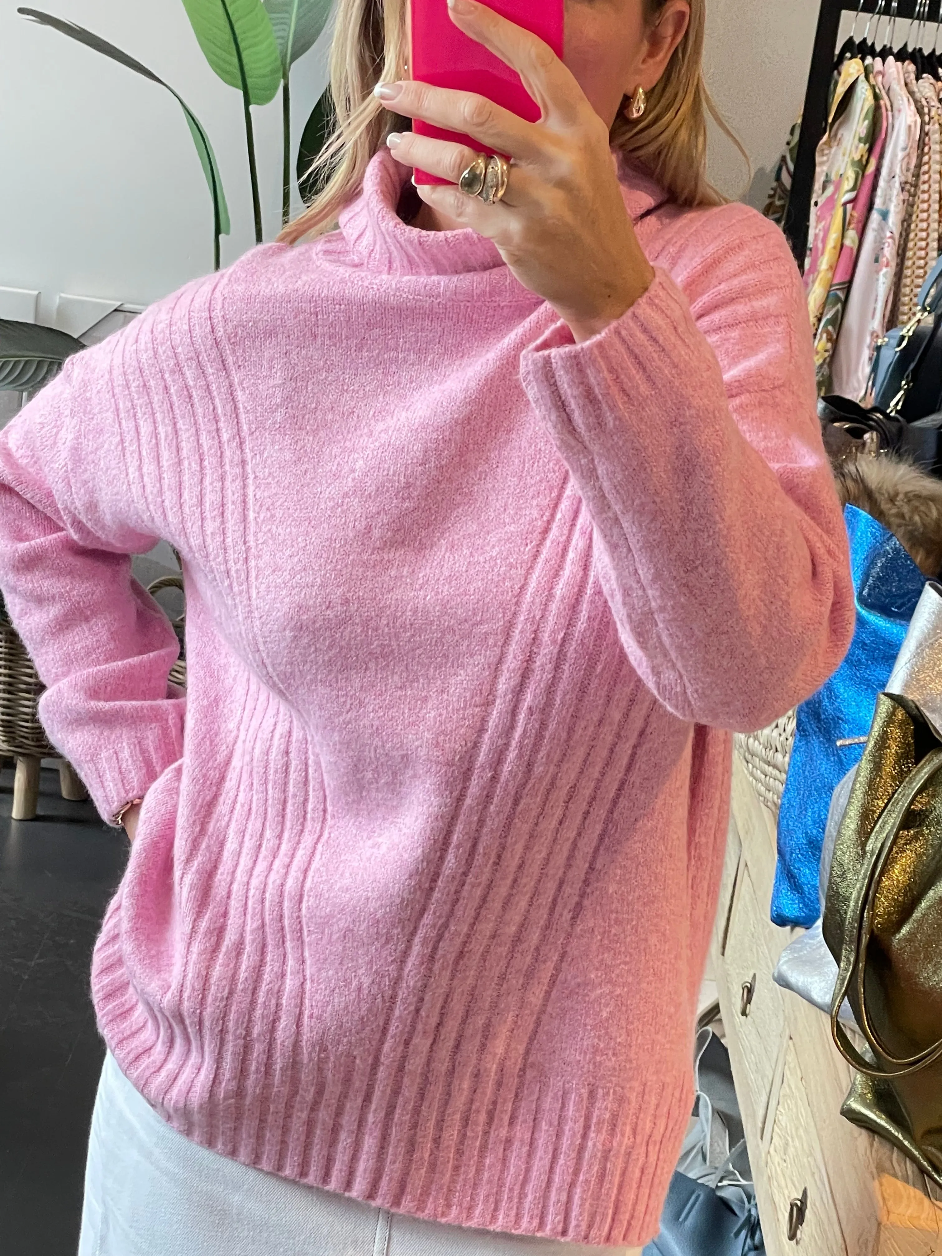 Roll Neck Relaxed Knit- candy pink