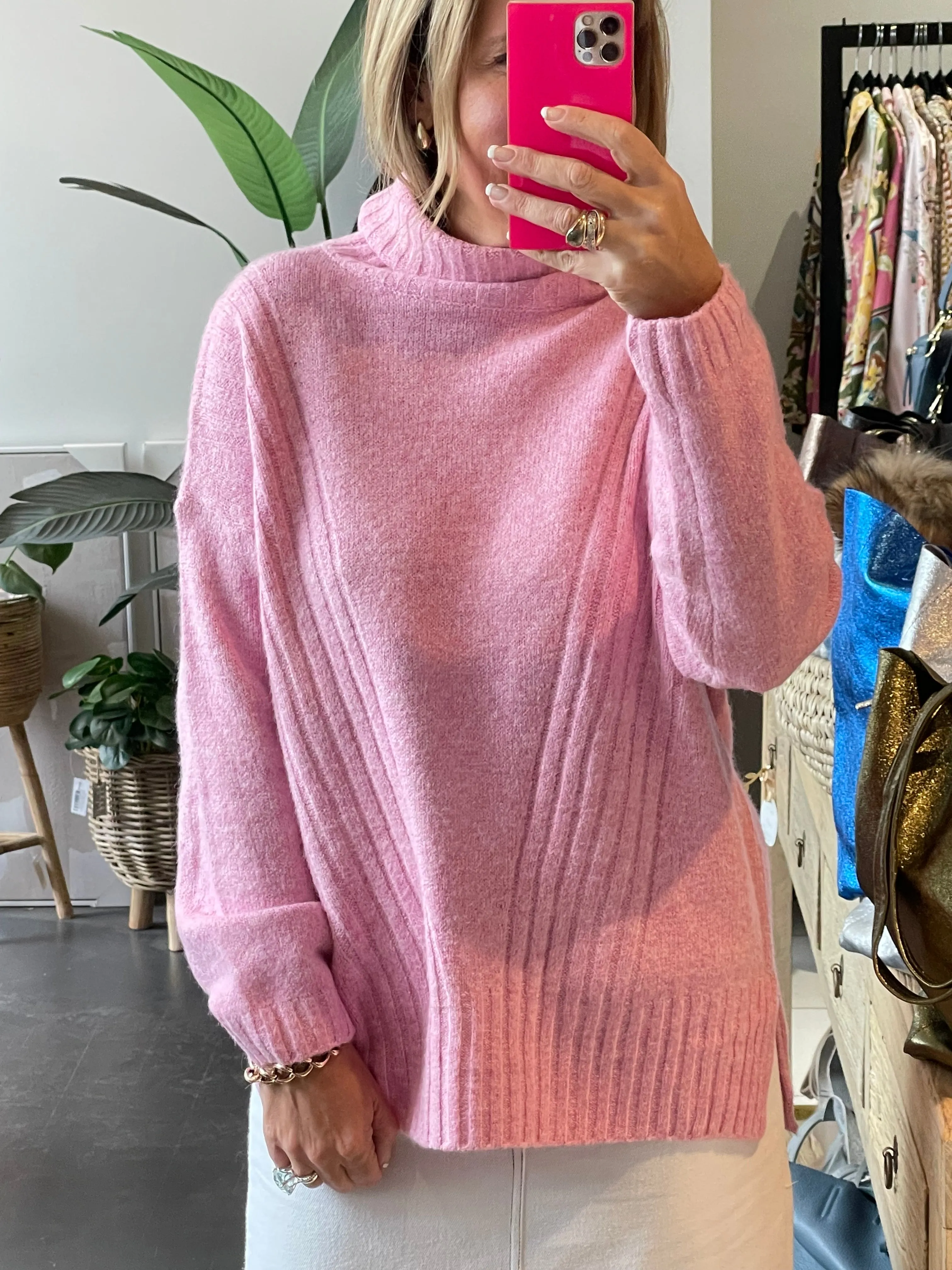 Roll Neck Relaxed Knit- candy pink