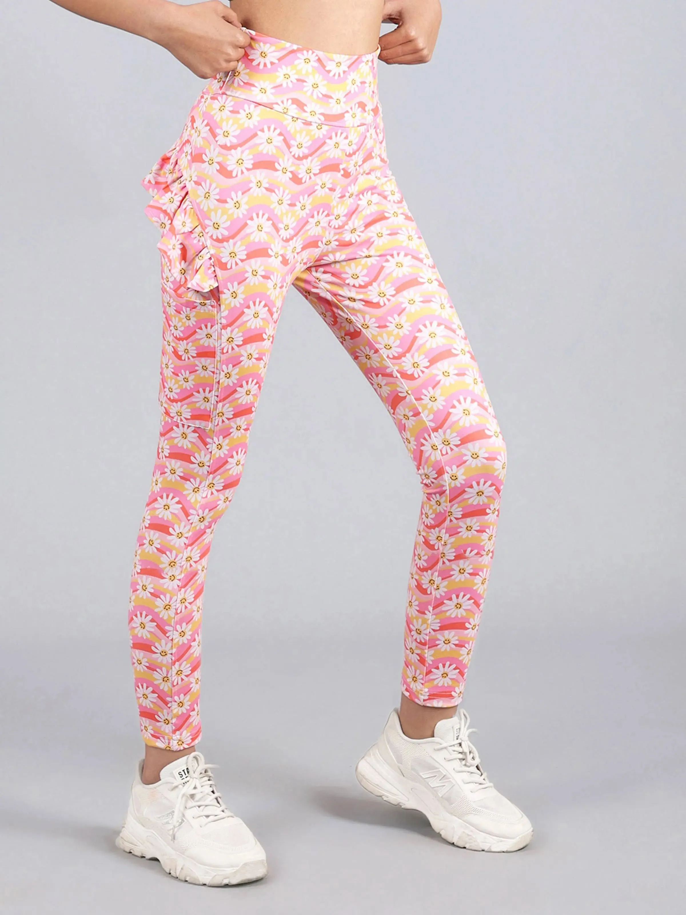 Ruffled Leggings with Side Pocket | Flower Print Activewear