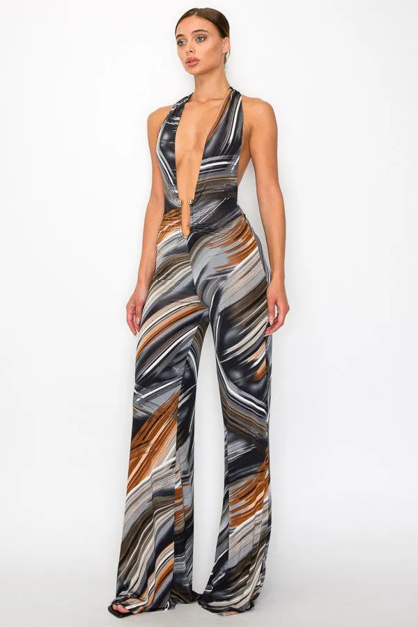 SATURN Swirl Print Halter Backless Jumpsuit