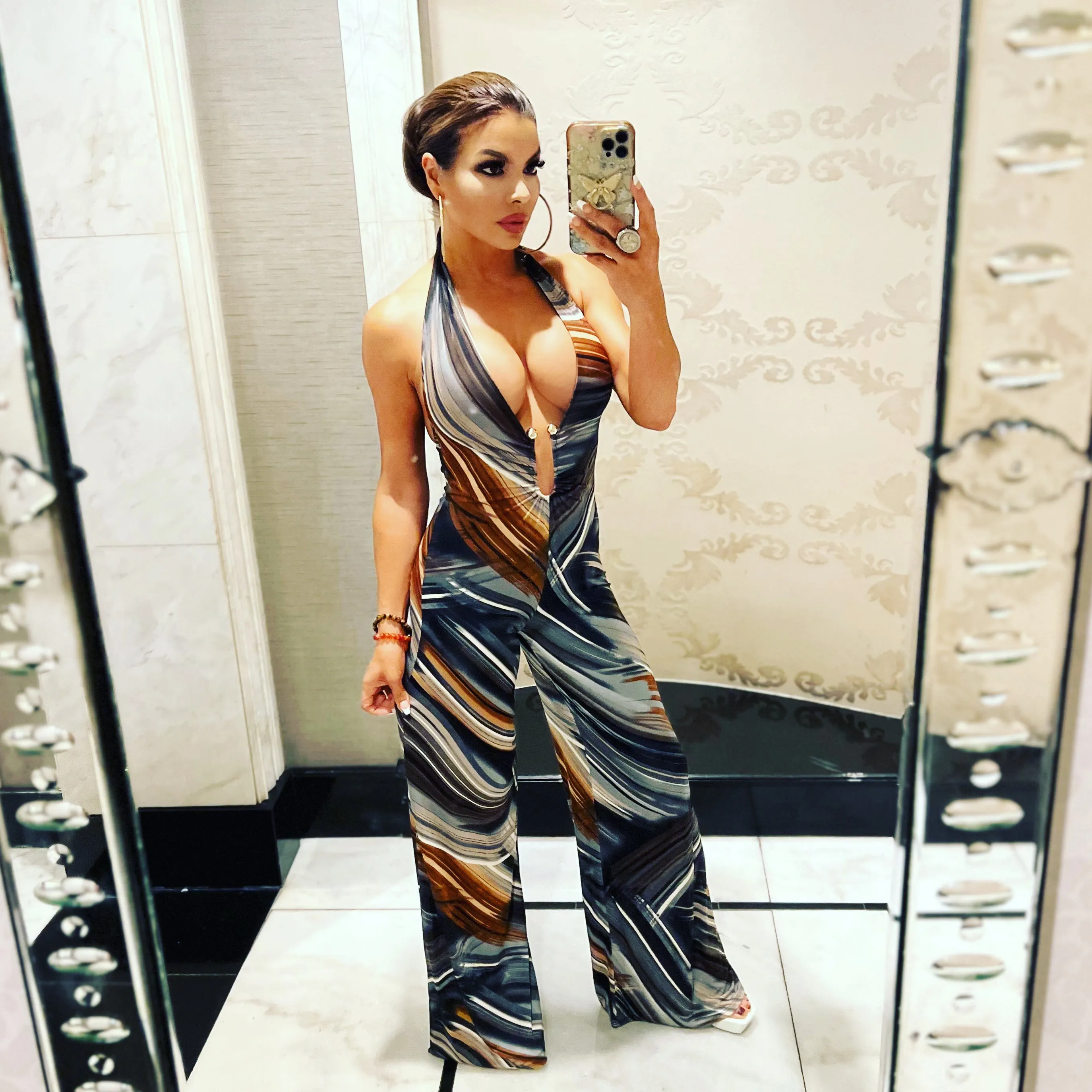 SATURN Swirl Print Halter Backless Jumpsuit