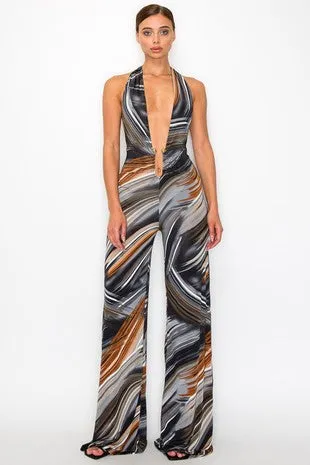 SATURN Swirl Print Halter Backless Jumpsuit