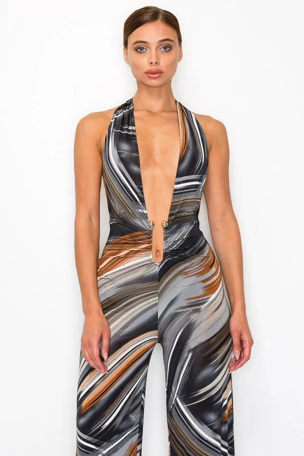 SATURN Swirl Print Halter Backless Jumpsuit