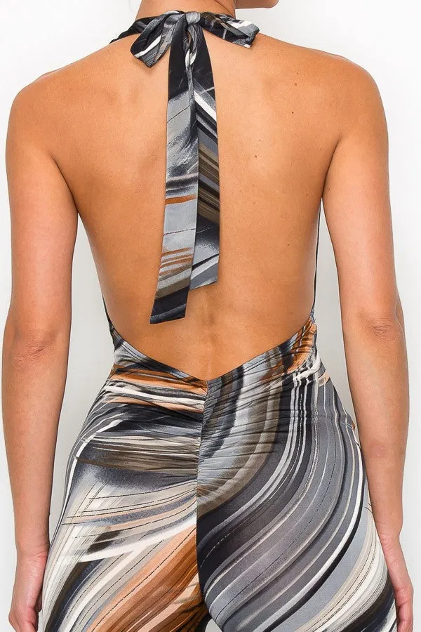 SATURN Swirl Print Halter Backless Jumpsuit