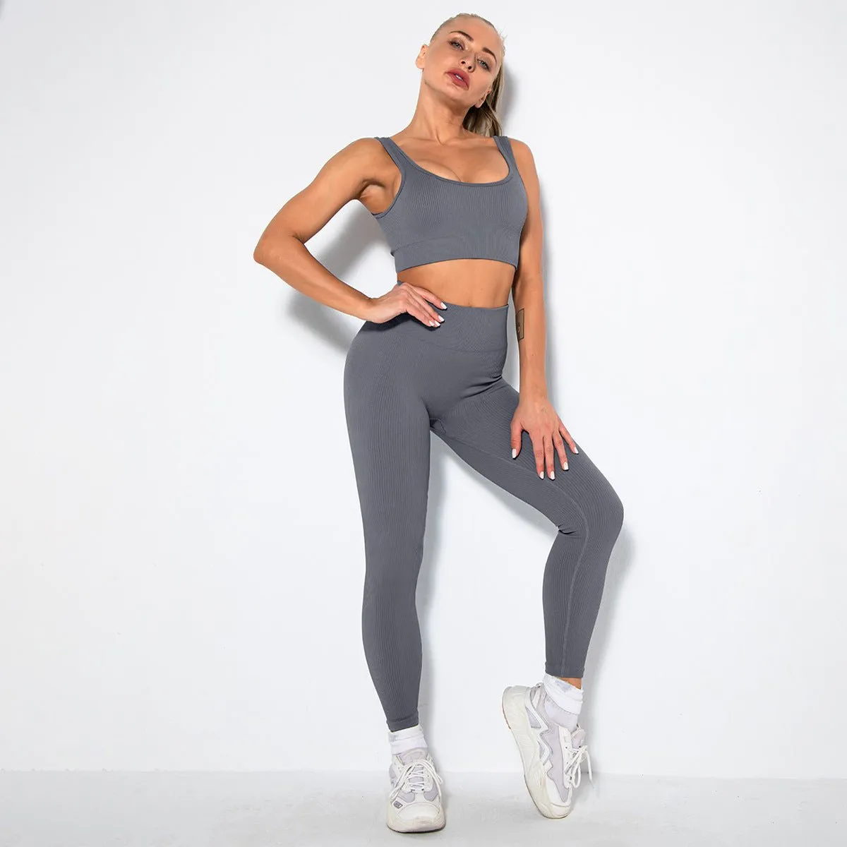 Seamless Sexy Fitness Yoga U V Neck Leggings Gym Wear Set - Women's 2 Piece Active Wear Set