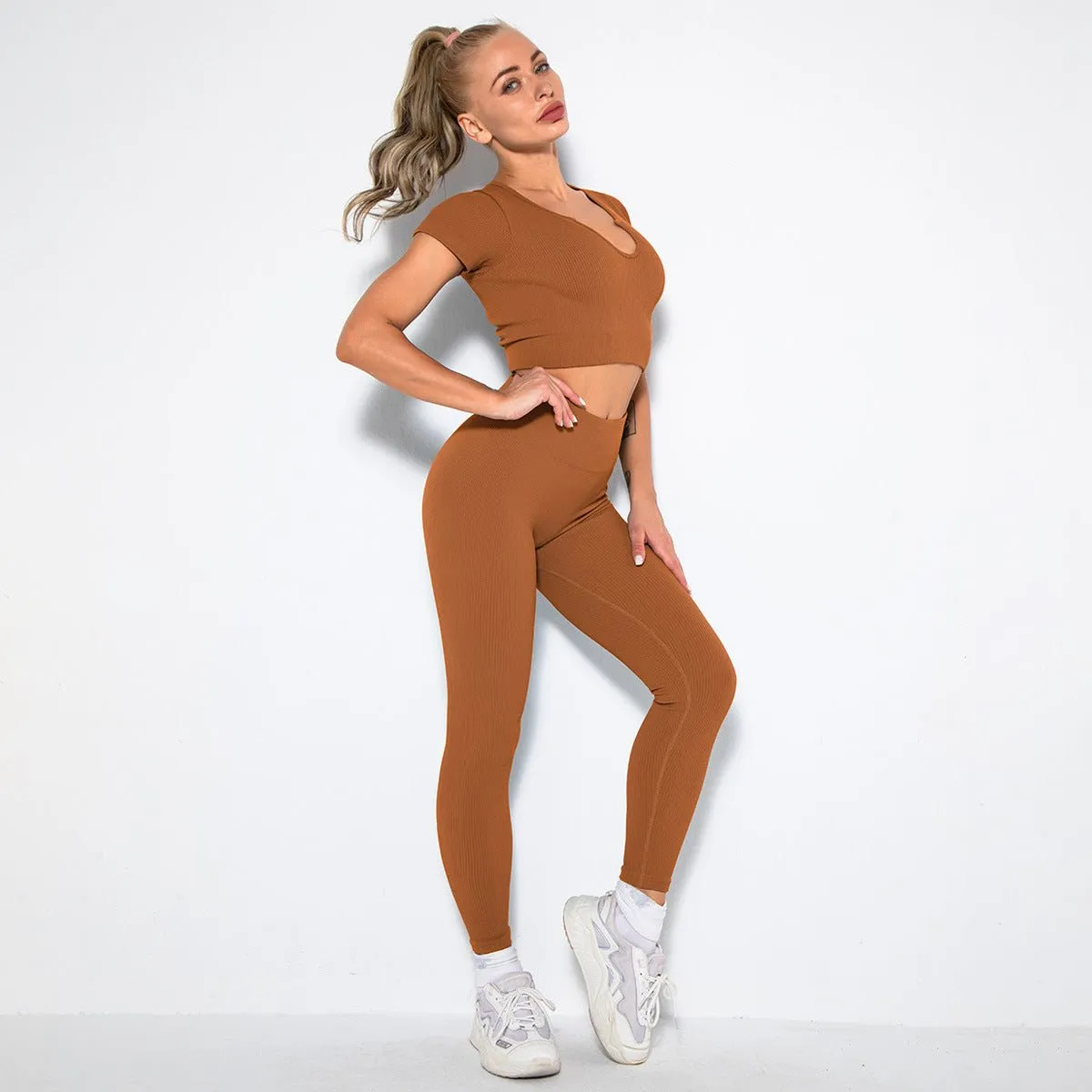 Seamless Sexy Fitness Yoga U V Neck Leggings Gym Wear Set - Women's 2 Piece Active Wear Set