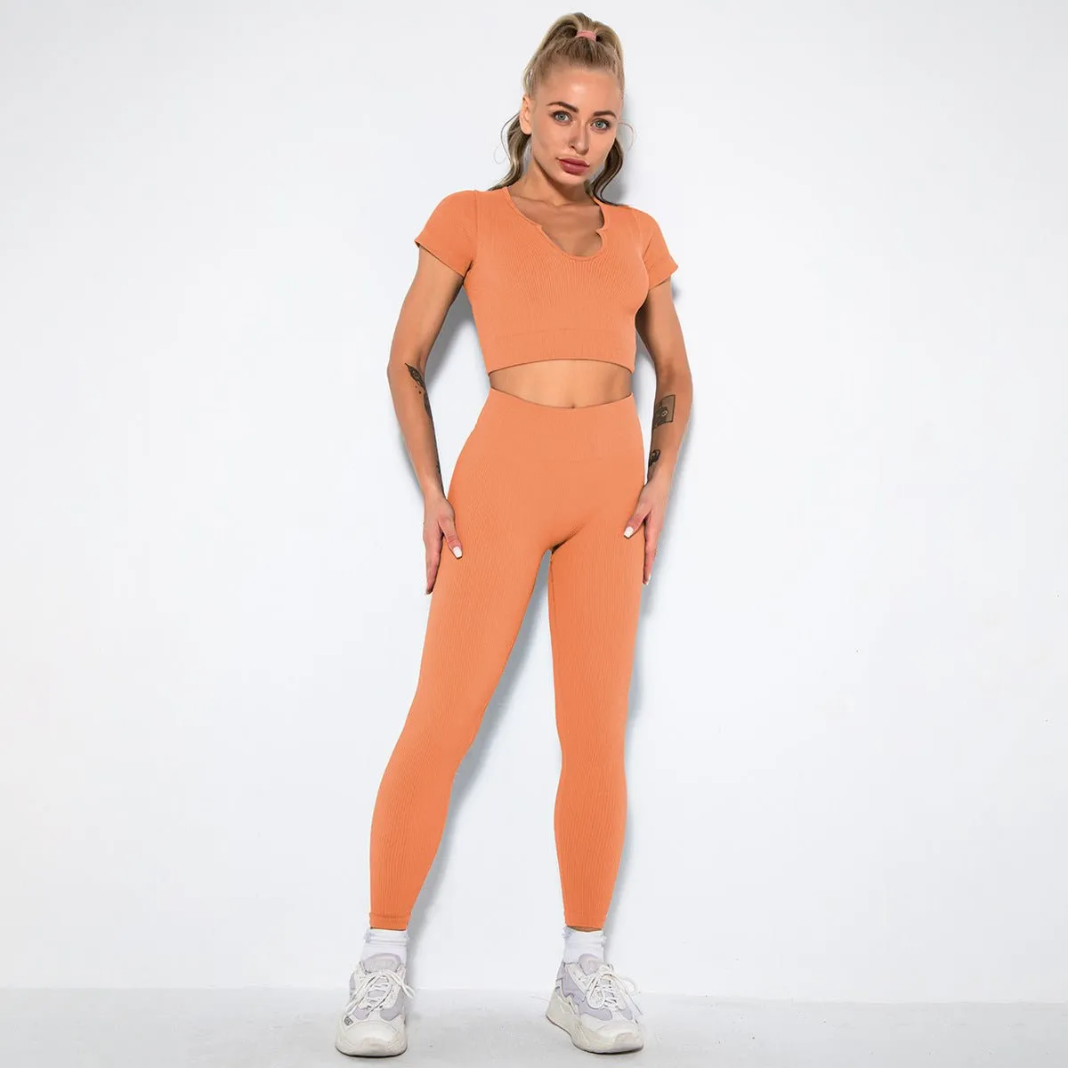 Seamless Sexy Fitness Yoga U V Neck Leggings Gym Wear Set - Women's 2 Piece Active Wear Set