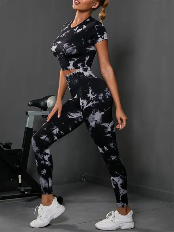 Seamless tie-dye sports yoga short-sleeved top and leggings two-piece set