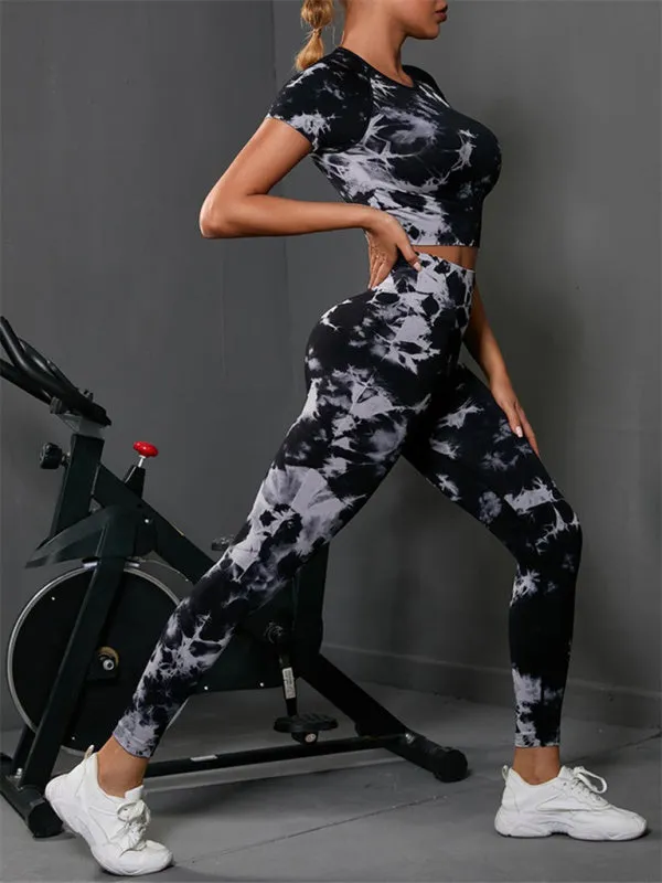 Seamless tie-dye sports yoga short-sleeved top and leggings two-piece set