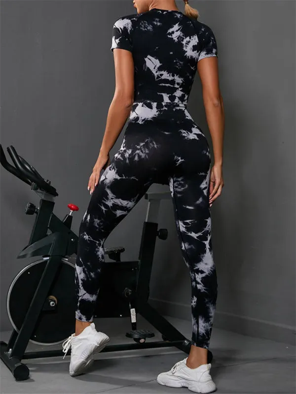 Seamless tie-dye sports yoga short-sleeved top and leggings two-piece set