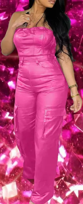 Sexy Hot Pink Faux Leather Strapless Cargo Jumpsuit Catsuit